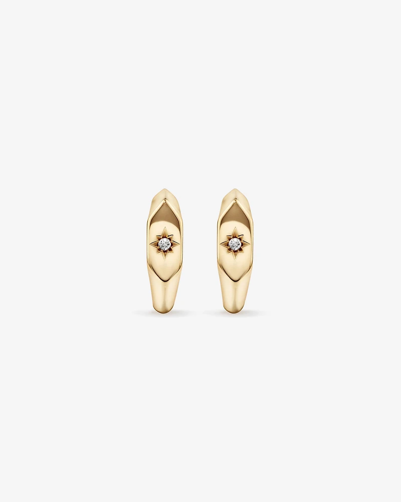 Diamond Star Accent Signet Huggie Hoop Earrings in 10kt Yellow Gold