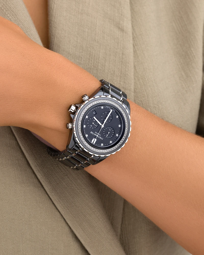 Montre chronographe en céramique noire et acier inoxydable rose avec diamants totalisant 0,50 ct.