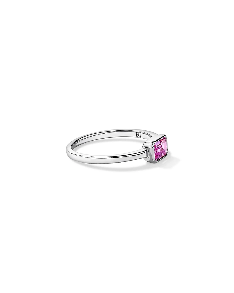 Emerald Cut Pink Created Sapphire East-to-West Set Bezel Ring 10kt Gold