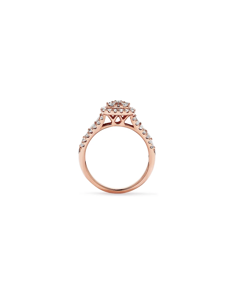Bague en or rose 14 carats sertie de diamants ronds brillants et baguettes, pour un total 1,25 carat