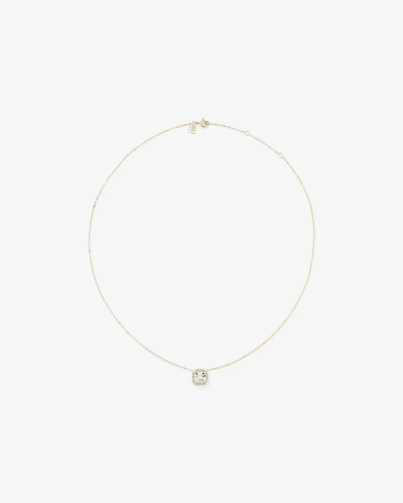 Cushion Cut Green Amethyst Gemstone and 0.15 Carat TW Diamond Halo Pendant Necklace in 10kt Yellow Gold