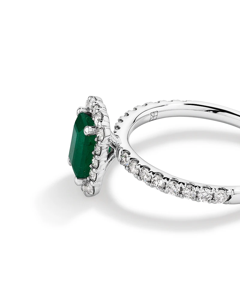 Emerald Cut Green Emerald Gemstone and 0.60 Carat TW Diamond Halo Ring in 14kt White Gold