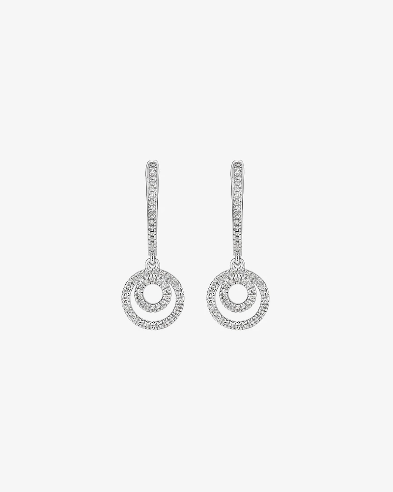 Fine Double Circle Diamond Drop Huggie Earrings in Sterling Silver