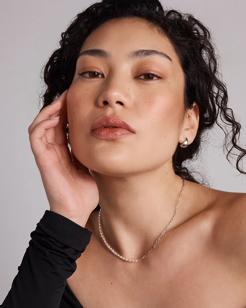 Half Cultured Freshwater Pearl Half Paperclip Chain Necklace in Sterling Silver