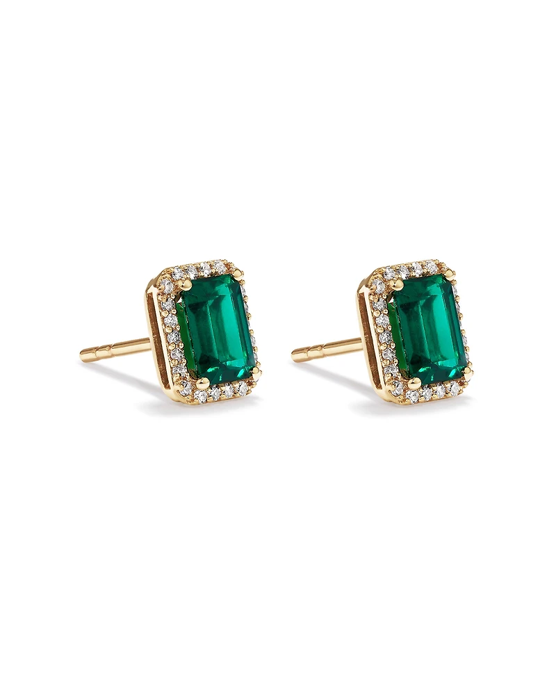 Emerald Cut Green Created Emerald Gemstone and Diamond Halo Earrings in 10kt Yellow Gold