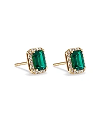 Emerald Cut Green Created Emerald Gemstone and Diamond Halo Earrings in 10kt Yellow Gold