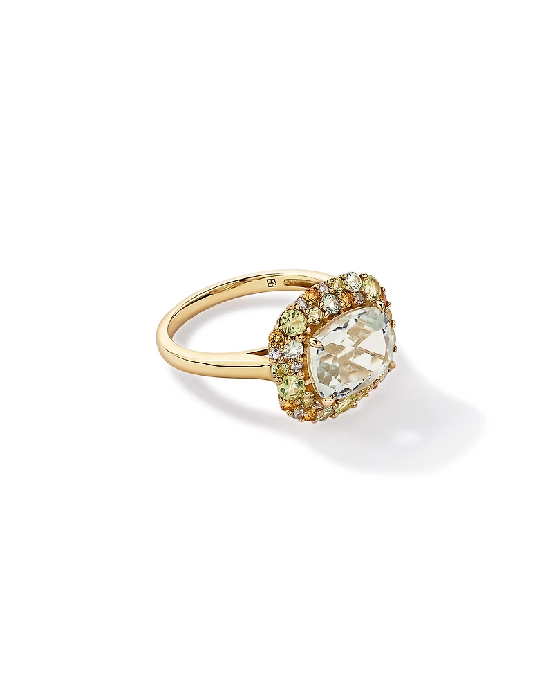 Green Amethyst, Peridot, Citrine & White Topaz Halo Ring 10kt Yellow Gold