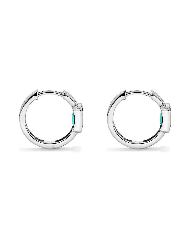 Created Emerald Bezel Huggie Earrings in 10kt White Gold