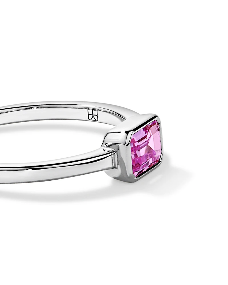 Emerald Cut Pink Created Sapphire East-to-West Set Bezel Ring 10kt Gold