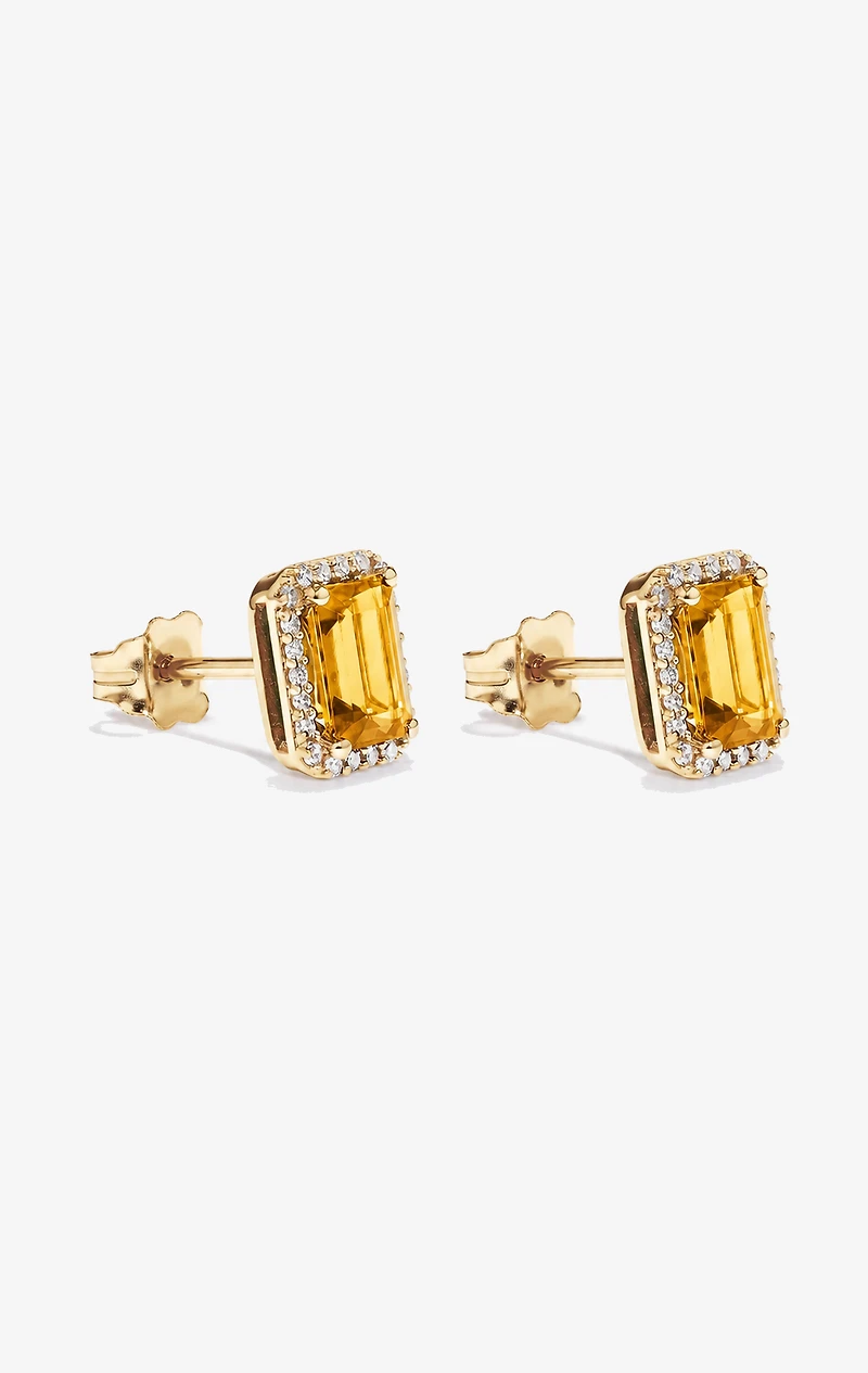Emerald Cut Citrine and Diamond Halo Earrings in 10kt Yellow Gold