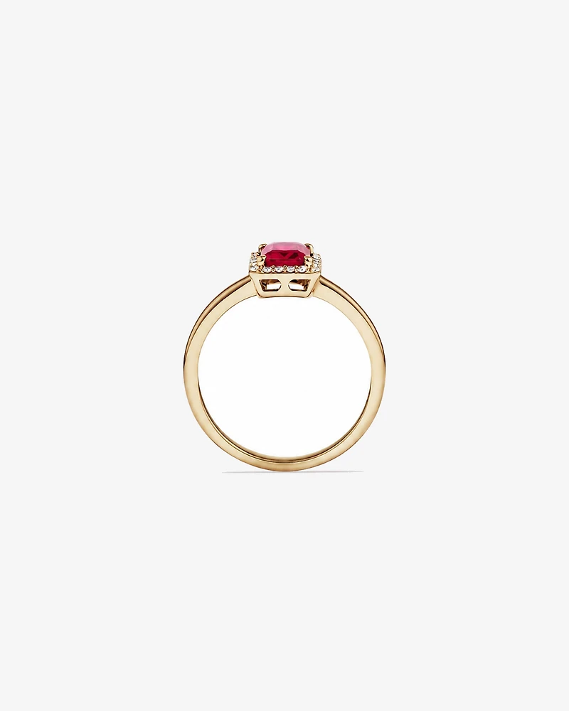 Emerald Cut Created Ruby and Diamond Halo Ring in 10kt Yellow Gold