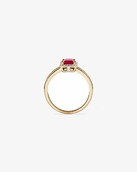 Emerald Cut Created Ruby and Diamond Halo Ring in 10kt Yellow Gold