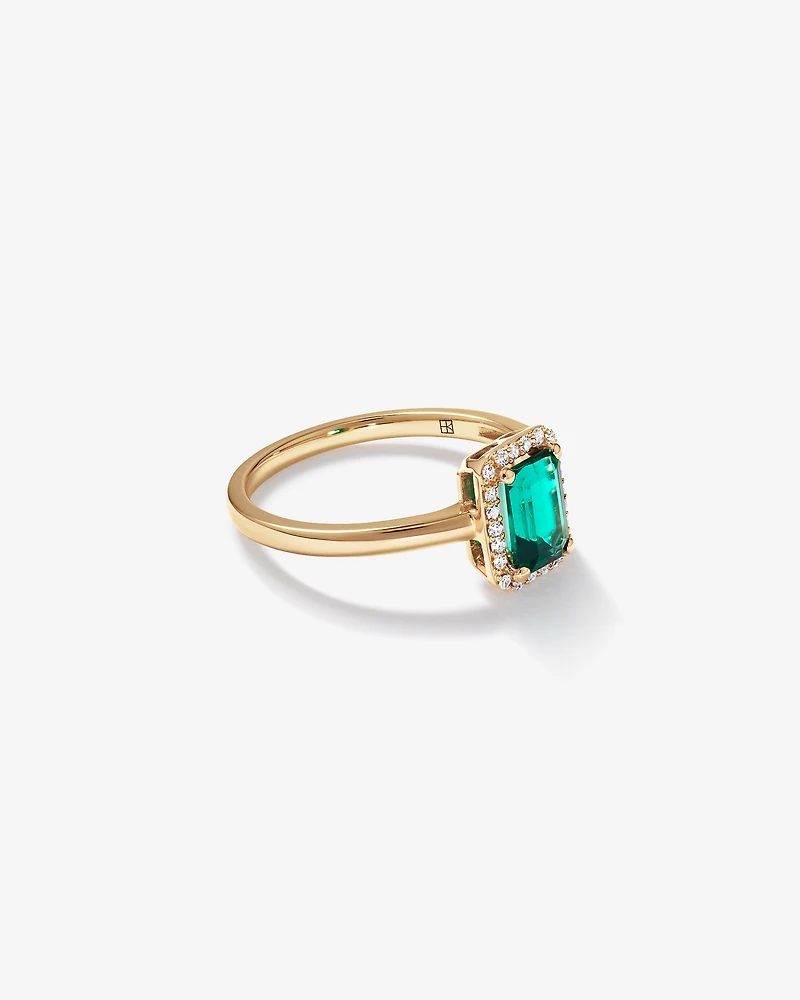 Emerald Cut Green Created Emerald Gemstone and Diamond Halo Ring in 10kt Yellow Gold