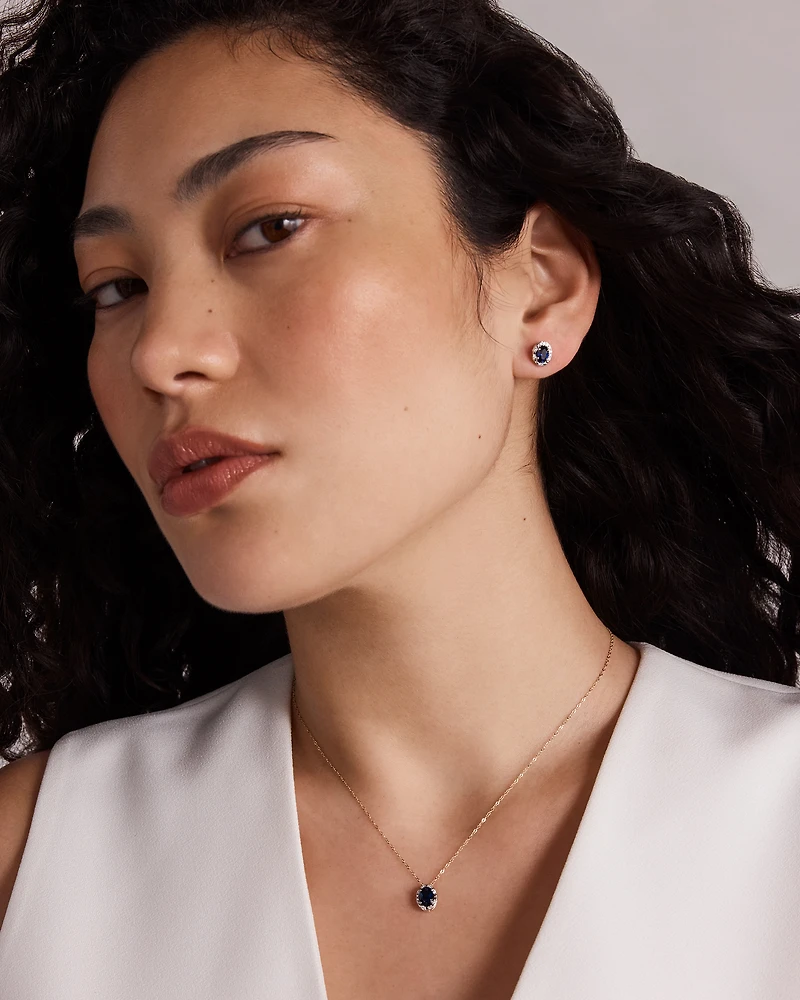 Oval Cut Blue Created Sapphire and Lab-Grown Diamond Halo Stud Earrings and Pendant Necklace Set in 10kt Yellow Gold and Rhodium