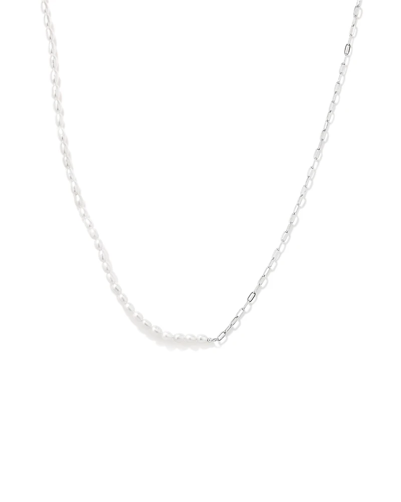 Half Cultured Freshwater Pearl Half Paperclip Chain Necklace in Sterling Silver