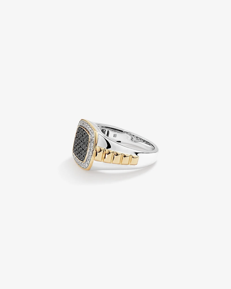 0.75 Carat TW Two-Tone Black and White Diamond Pave Men's Signet Ring in 10kt Yellow and White Gold