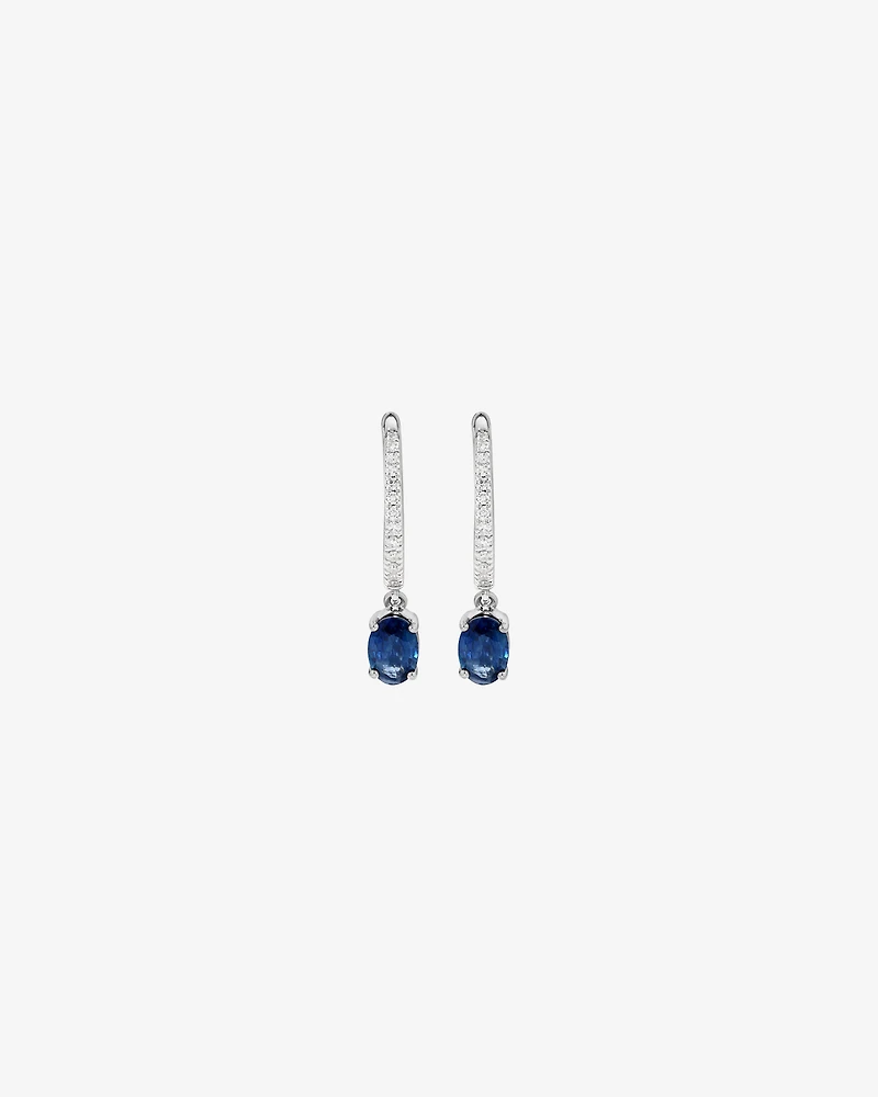 Australian Sapphire Oval Cut & 0.15 Carat TW Diamond Hoop Drop Earrings in 10kt White Gold