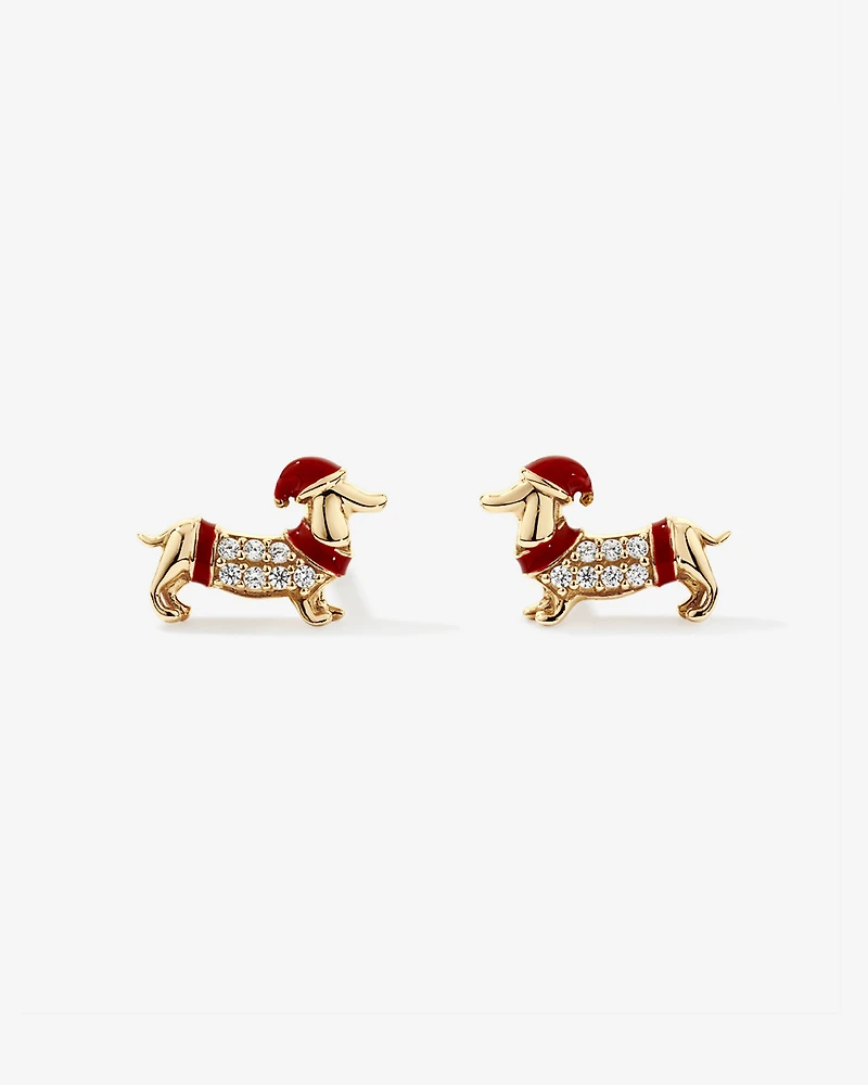 Dachshund Stud Earrings with Cubic Zirconia in 10kt Yellow Gold