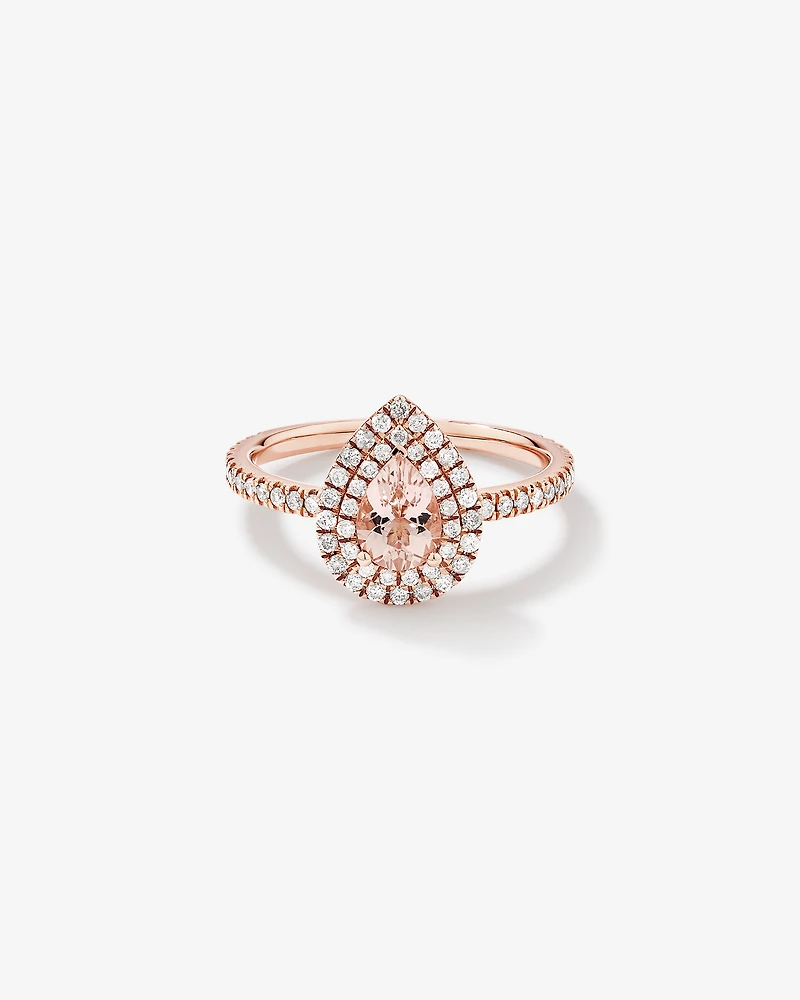Pear Cut Morganite Gemstone and 0.45 Carat TW Diamond Halo and Side Accent Engagement Ring in 10kt Rose Gold
