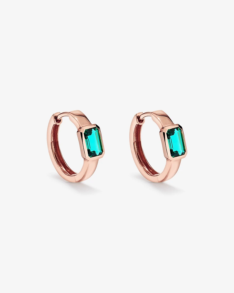 Created Emerald Bezel Huggie Earrings in 10kt Rose Gold