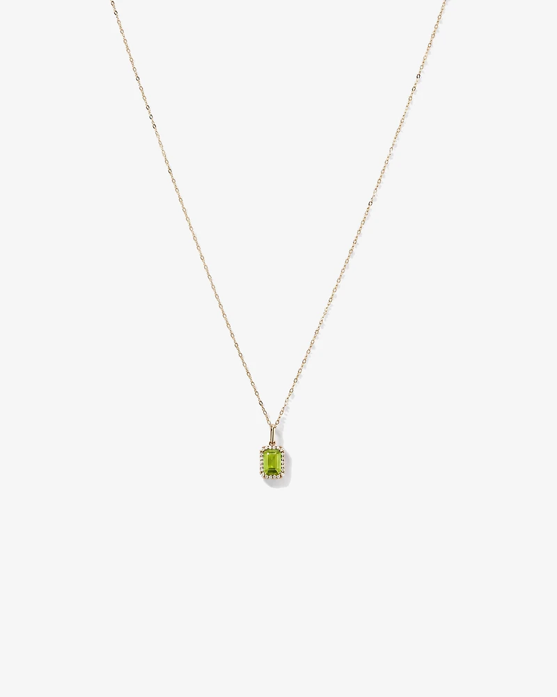 Emerald Cut Peridot and Diamond Halo Pendant with Chain in 10kt Yellow Gold