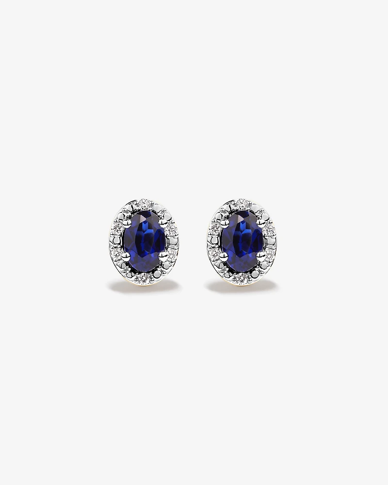Oval Cut Blue Created Sapphire and Lab-Grown Diamond Halo Stud Earrings and Pendant Necklace Set in 10kt Yellow Gold and Rhodium