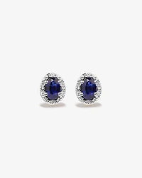 Oval Cut Blue Created Sapphire and Lab-Grown Diamond Halo Stud Earrings and Pendant Necklace Set in 10kt Yellow Gold and Rhodium