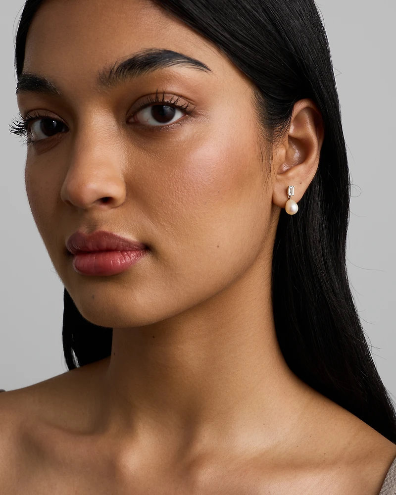 Multi-Wear Aquamarine and Cultured Freshwater Pearl Drop Stud Earrings in 10kt Yellow Gold