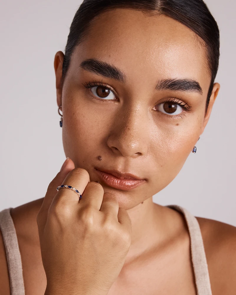 Marquise Cut Ceylon Blue Created Sapphire Gemstone and Diamond Ring in Sterling Silver