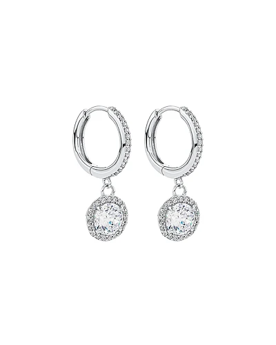 Round Brilliant Cubic Zirconia Halo Drop Hoop Earrings in Sterling Silver