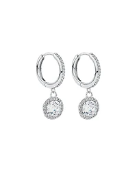 Round Brilliant Cubic Zirconia Halo Drop Hoop Earrings in Sterling Silver