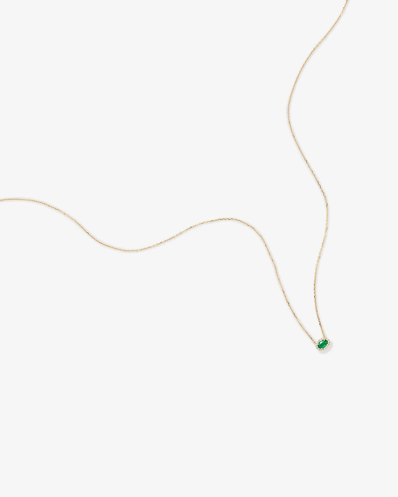 Oval Cut Green Emerald Gemstone and 0.05 Carat TW Diamond Halo Necklace in 10kt Yellow Gold