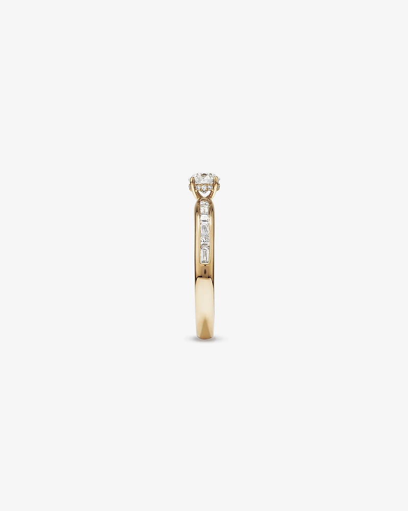 0.77 Carat TW Round Brilliant Diamond and Baguette, Princess Side Accent Engagement Ring with Hidden Halo in 14kt Yellow Gold