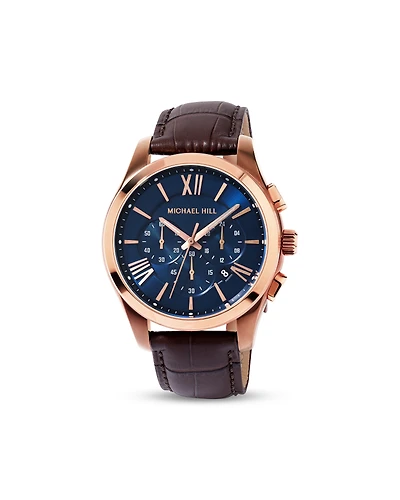 Men's Chronograph Watch in Rose Tone Stainless Steel and Brown Leather