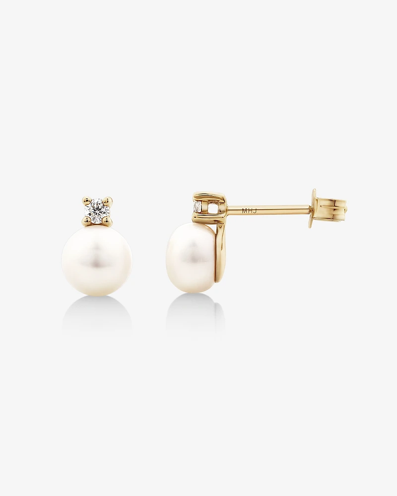 Drop Earrings with Cultured Freshwater Pearl & Diamond in 10kt Yellow Gold