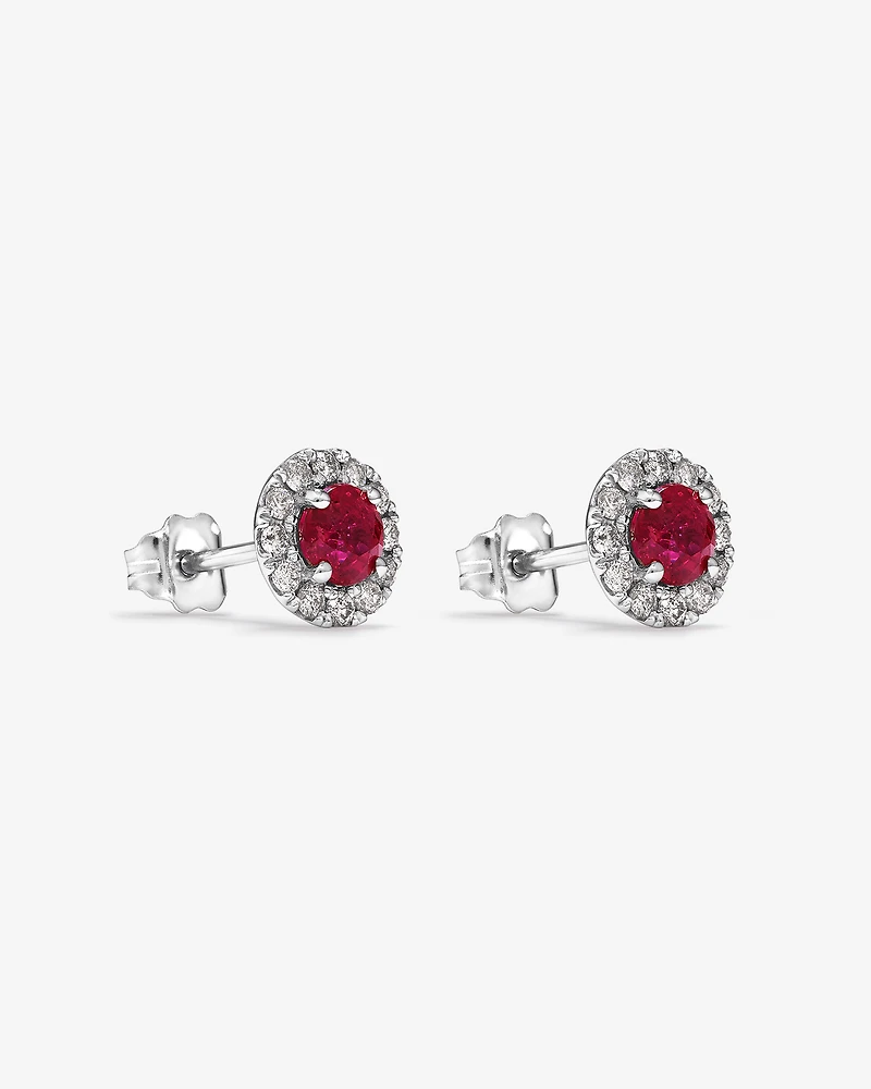 Halo Stud Earrings with Natural Ruby & 0.28 Carat TW of Diamonds in 10kt White Gold