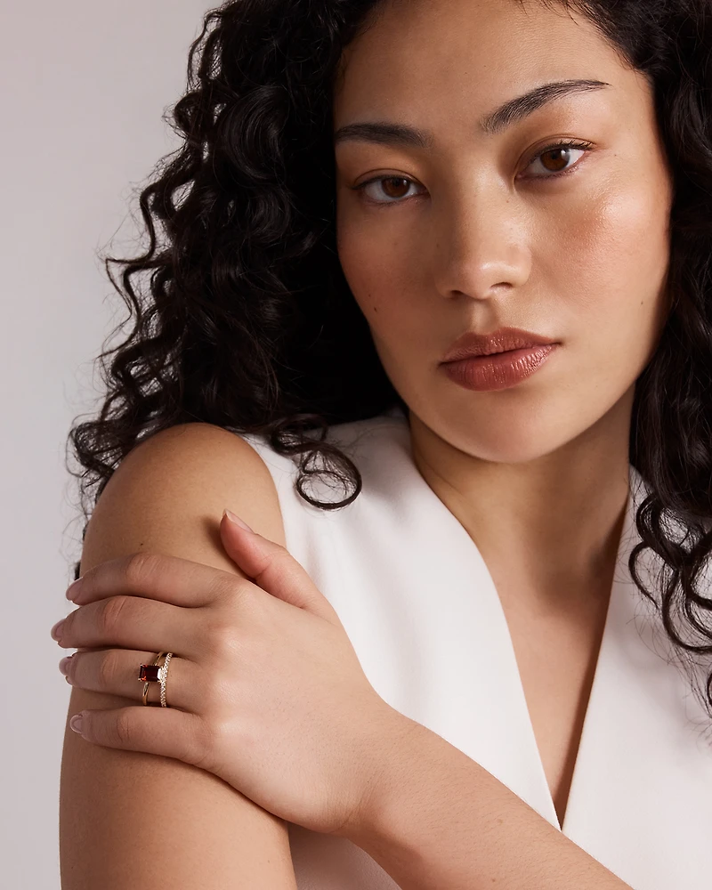 Emerald Cut Garnet with 0.25 Carat TW of Diamonds Double Band Ring in 10kt Yellow Gold