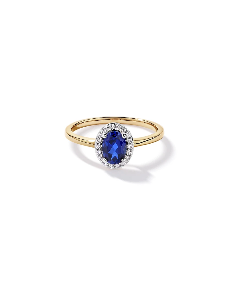 Created Sapphire & 0.10 Carat TW Laboratory-Grown Diamond Halo Ring 10kt Yellow Gold and Rhodium
