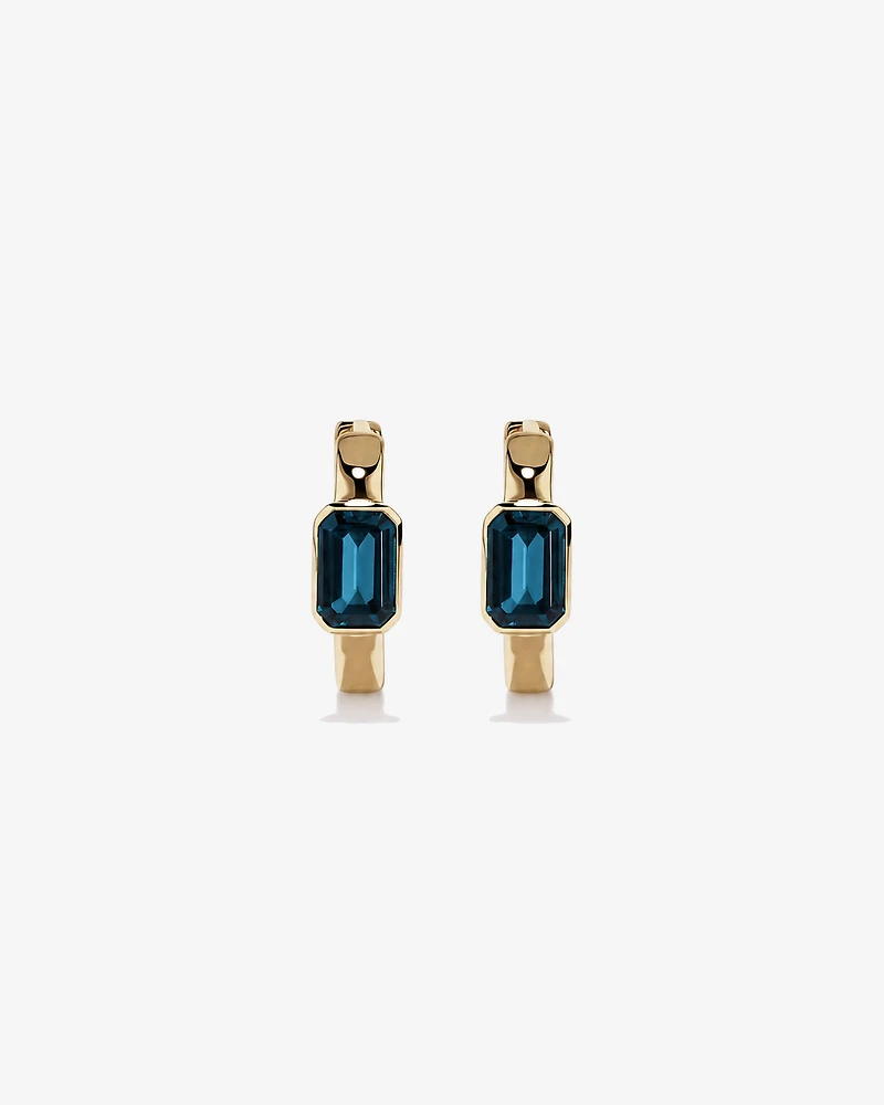 London Blue Topaz Bezel Huggie Earrings in 10kt Yellow Gold