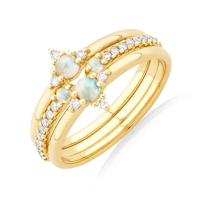 Australian Opal & 0.18 Carat TW of Diamonds 3 Ring Set in 10kt Yellow Gold