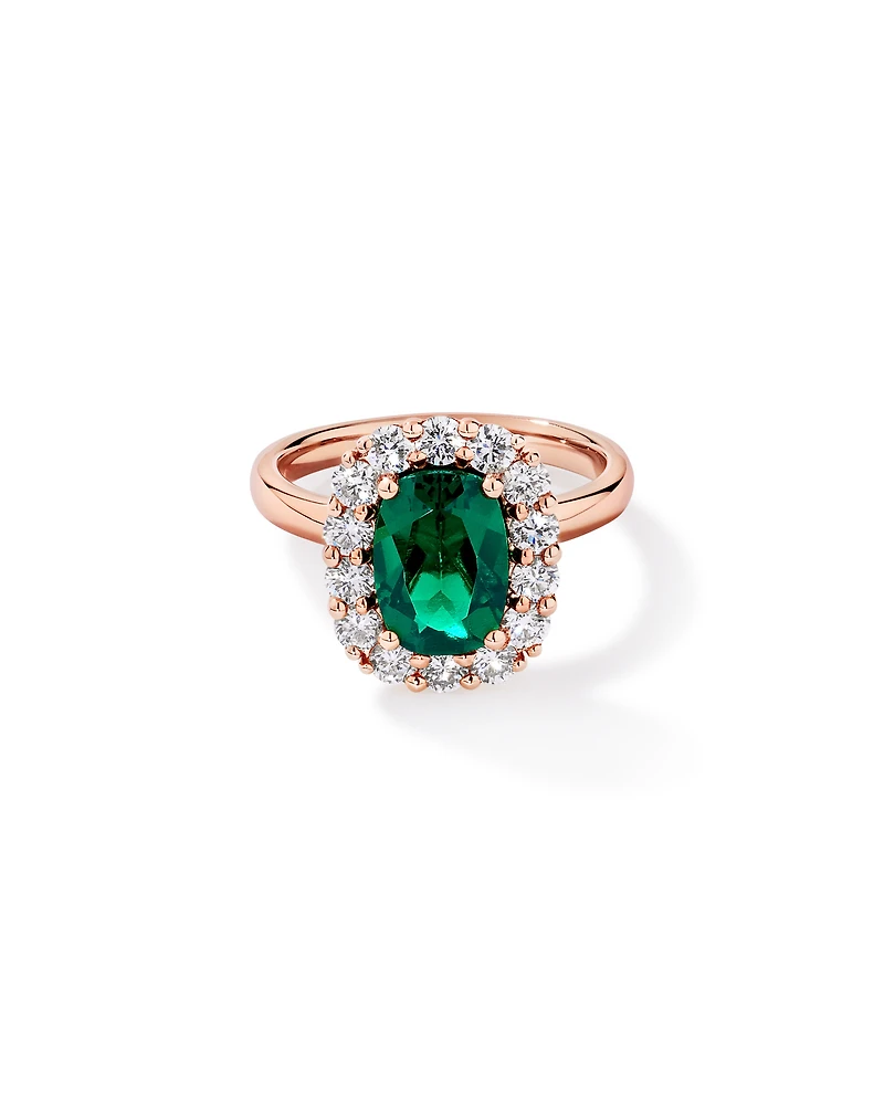 Created Emerald & 0.96 Carat TW Laboratory-Grown Diamond Halo Ring 10kt Rose Gold