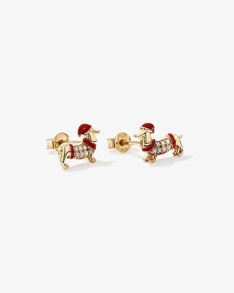 Dachshund Stud Earrings with Cubic Zirconia in 10kt Yellow Gold