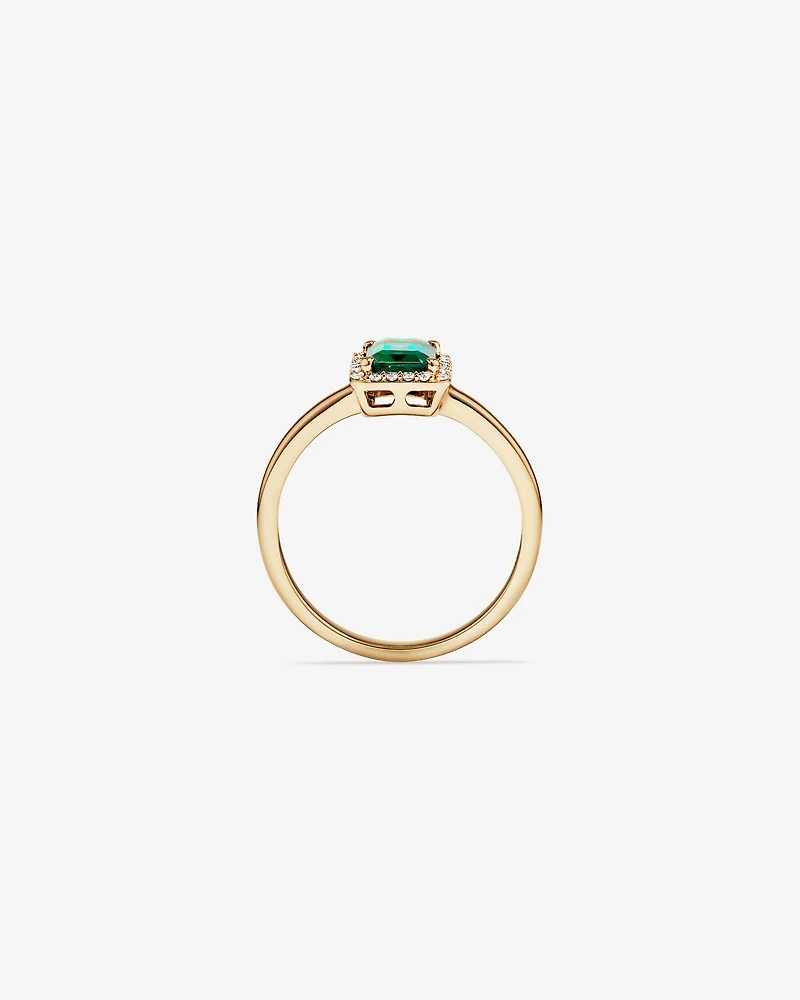 Emerald Cut Green Created Emerald Gemstone and Diamond Halo Ring in 10kt Yellow Gold