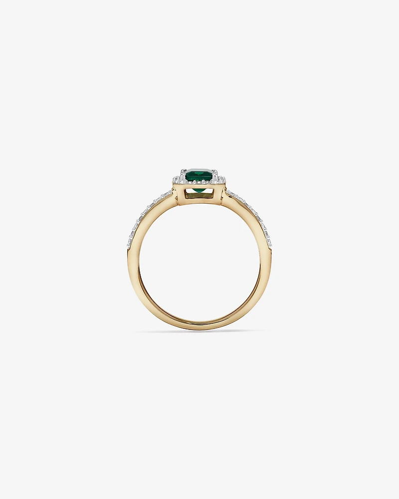 Emerald Cut Green Created Emerald and Lab-Grown Diamond Halo Ring in 10kt Yellow Gold and Rhodium