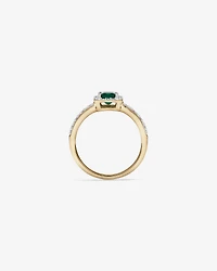 Emerald Cut Green Created Emerald and Lab-Grown Diamond Halo Ring in 10kt Yellow Gold and Rhodium