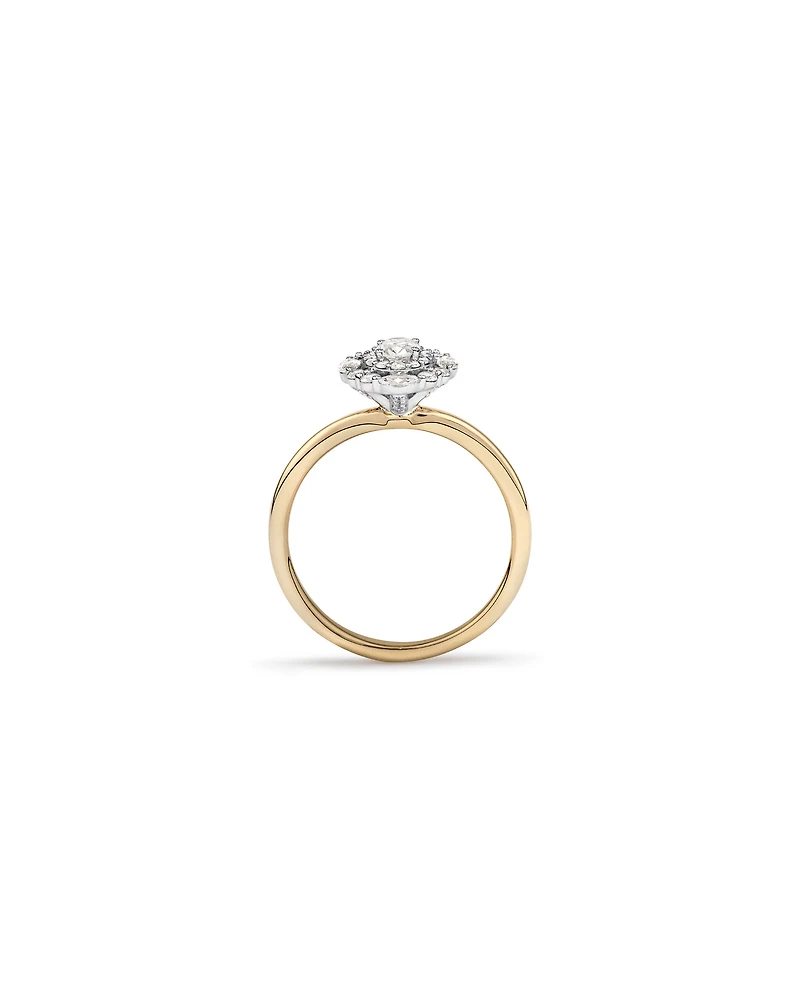0.61 Carat TW Oval Cut Diamond Marquise and Round Brilliant Halo Engagement Ring in 14kt Yellow and White Gold
