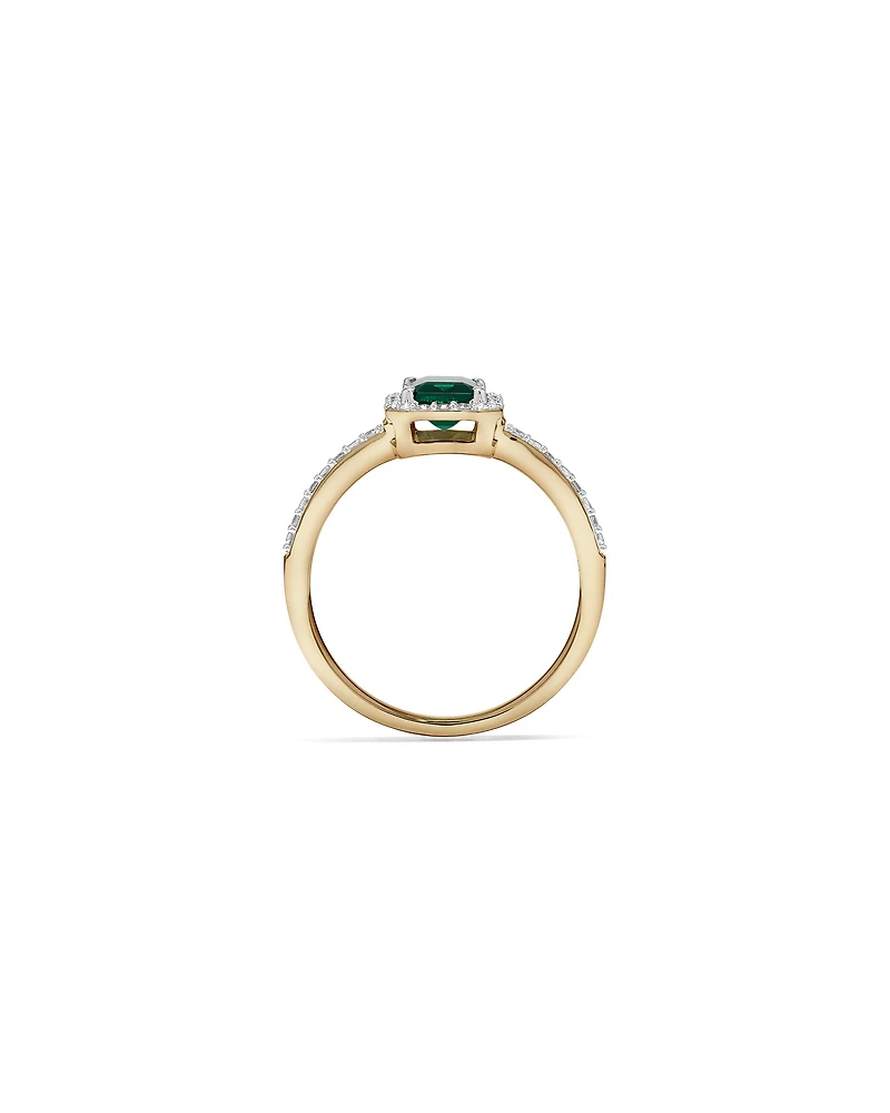 Emerald Cut Green Created Emerald and Lab-Grown Diamond Halo Ring in 10kt Yellow Gold and Rhodium
