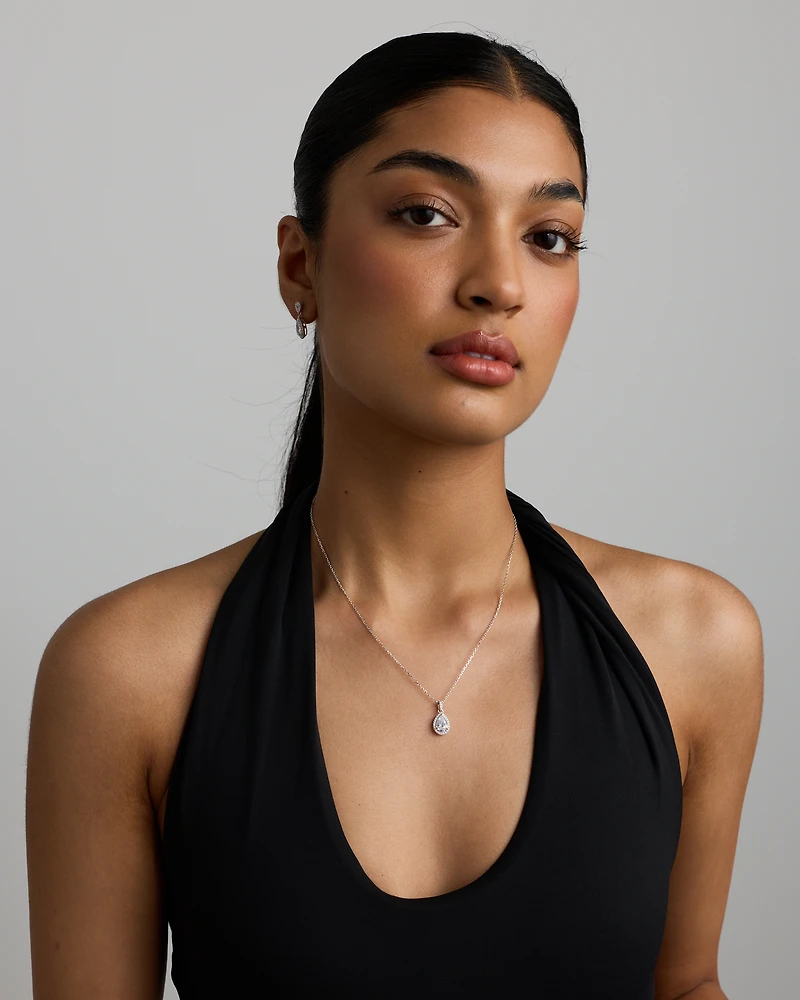 Pear Cubic Zirconia Halo Pendant Necklace in Sterling Silver