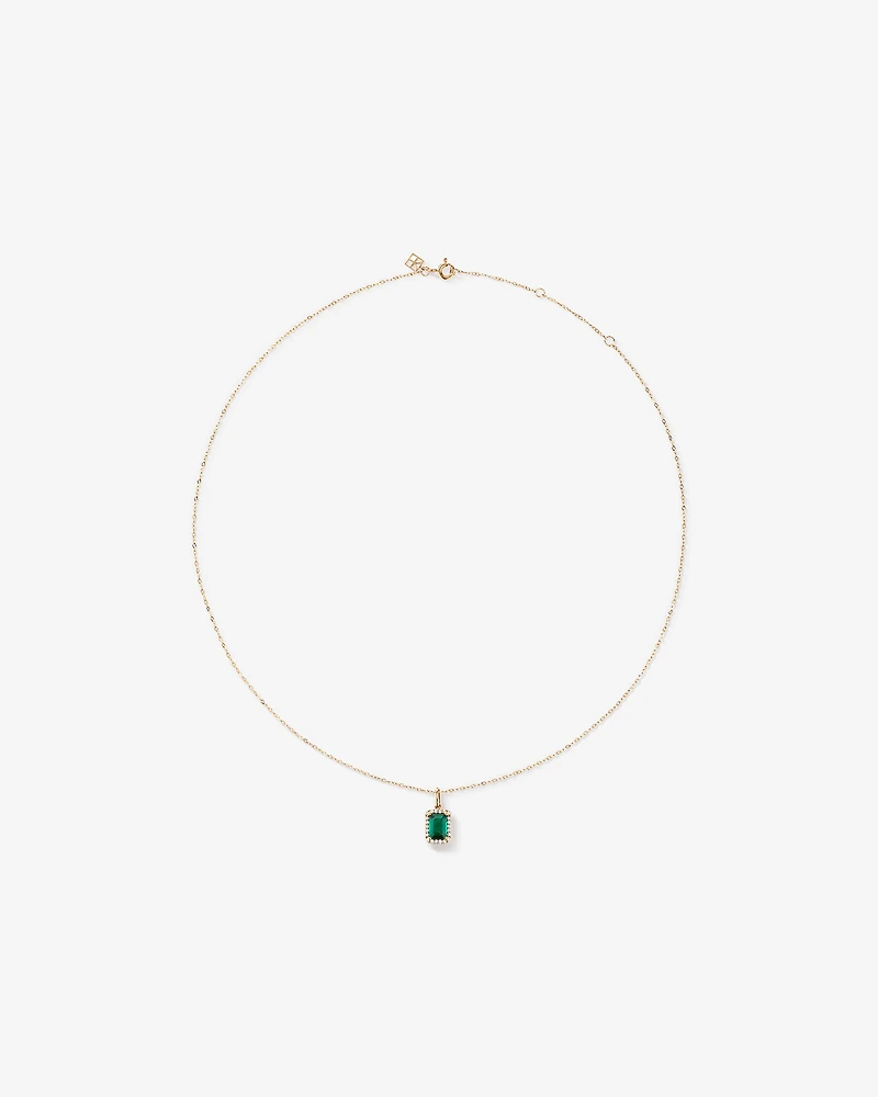 Emerald Cut Green Created Emerald Gemstone and  Diamond Halo Pendant with Chain in 10kt Yellow Gold