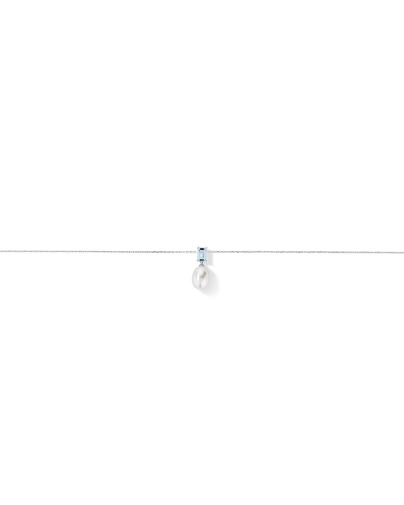 Aquamarine and Cultured Freshwater Pearl Drop Necklace in 10kt Gold